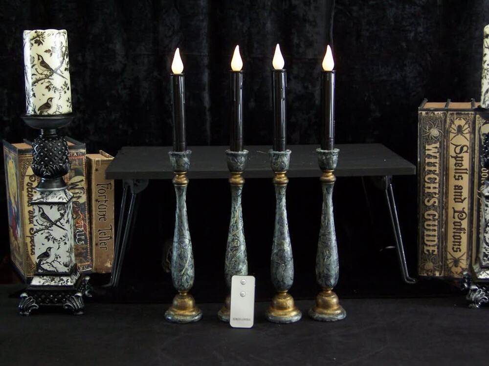 Set of 4 New Artisanal Decoupaged Candlesticks & Flameless LED Candles w/ Remote
